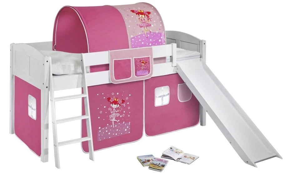 Lit Surélevé Blanc Laqué Toboggan IDA - Rideau Rose Fée 3 Lit Surélevé Blanc Laqué Toboggan IDA - Rideau Rose Fée