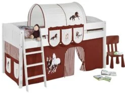 Lit Surélevé Blanc Rideau Beige Et Marron Chevaux Milo 90x200cm