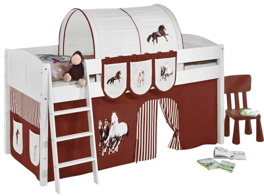 Lit Surélevé Blanc Rideau Beige Et Marron Chevaux Milo 90x200cm 3 Lit Surélevé Blanc Rideau Beige Et Marron Chevaux Milo 90x200cm