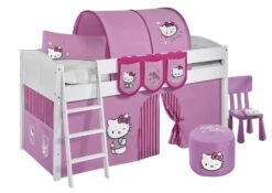 Lit Surélevé Blanc Rideau Rose Hello Kitty 90x200 Cm