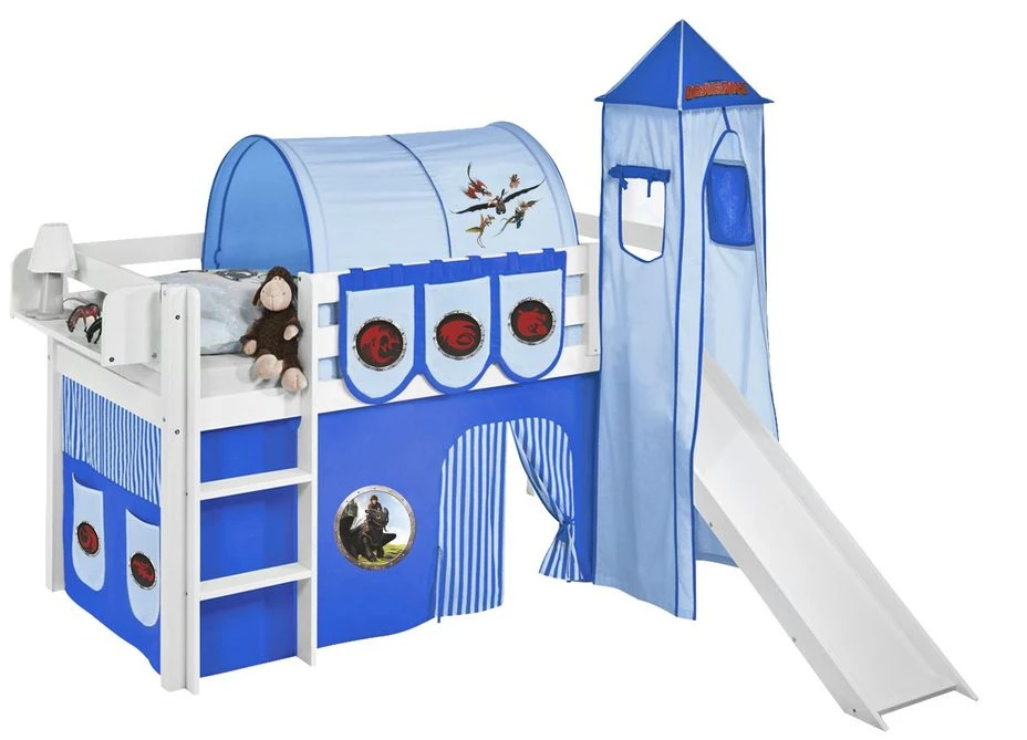 Lit Surélevé Toboggan Blanc Laqué Avec Tour Et Rideau Bleu Dragon 90x190 Cm 3 Lit Surélevé Toboggan Blanc Laqué Avec Tour Et Rideau Bleu Dragon 90x190 Cm