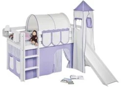 Lit Surélevé Toboggan Blanc Laqué Avec Tour Et Rideau Parme Et Beige Dorie 90x190 Cm