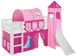 Lit Surélevé Toboggan Blanc Laqué Avec Tour Et Rideau Rose Foncé Reine Des Neiges 90x190 Cm