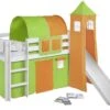 Lit Surélevé Toboggan Blanc Laqué Avec Tour Et Rideau Vert Et Orange Milo 90x190 Cm -Lexibook Magasin lit sureleve toboggan blanc laque avec tour et rideau vert et orange milo 90x190 cm 4260304319277 221286