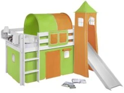 Lit Surélevé Toboggan Blanc Laqué Avec Tour Et Rideau Vert Et Orange Milo 90x190 Cm