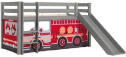 Lit Toboggan 90x200 Cm Avec Tente Camion Pompier Pin Massif Gris Pino