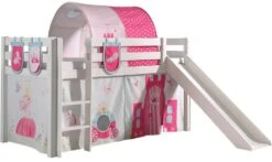Lit Toboggan 90x200 Cm Avec Tente Tunnel Et 3 Pochettes Princesse Pin Massif Blanc Pino