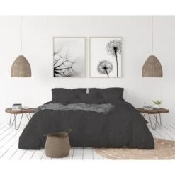 LOVELY HOME Parure De Couette En 100% Lin 220x300 Cm + 1 Drap Housse 140 X 190 Cm + 2 Taies 65x65cm - Coloris Gris Anthracite
