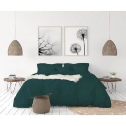 LOVELY HOME Parure De Couette En 100% Lin 220x300 Cm + 1 Drap Housse 140 X 190 Cm + 2 Taies 65x65cm - Coloris Vert Foret