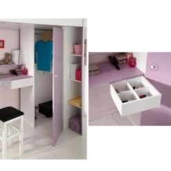 MILENA Lit Surélevé Enfant 90x200 Cm + Sommier - Blanc Et Lilas -Lexibook Magasin milena lit sureleve enfant 90x200 cm sommier blanc et lilas 3480940236276 453469