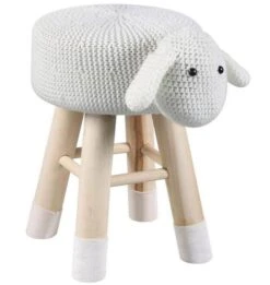 Pouf Enfant Mouton Crochet Blanc Et Pieds Bois Massif Leala - Lot De 4