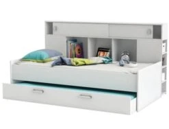 Ferrari Lit Gigogne Enfant Contemporain Blanc Perle + Tete De Lit étageres Intégrées - L 90 X L 200 Cm