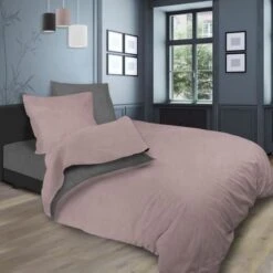 SOLEIL D'OCRE Parure De Lit Bicolore - Coton Lavé - 240 X 290 Cm - Rose Et Gris