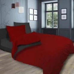 SOLEIL D'OCRE Parure De Lit Bicolore - Coton Lavé - 240 X 290 Cm - Rouge Et Gris Anthracite